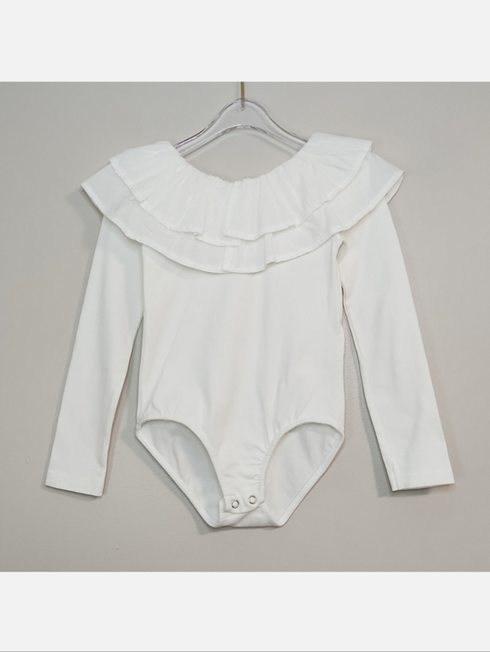 Zara White Ruffled Neck Long Sleeve Bodysuit, Size 7 ~ EUC